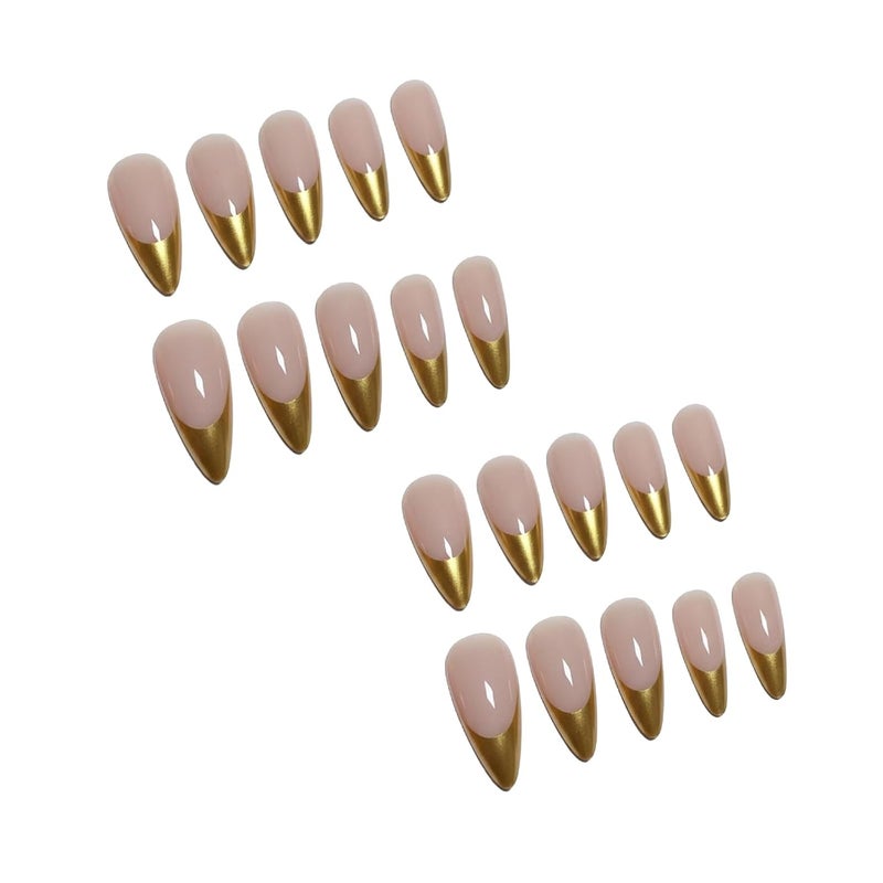 SINHOT Gold French Tip Press On Nails - Long Stiletto Fake Nails, Glossy Finish, Natural Daily Nails, DIY Artificial False Nail Art - 24 Pcs Nail Kit with Glue - Image 5